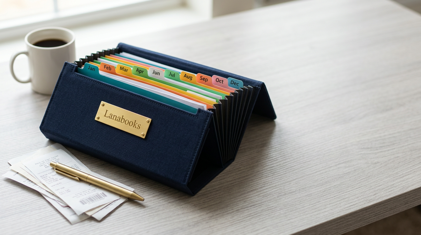 Navy 12-pocket Accounting 24/7 Inc tax document organizer with monthly tabs
