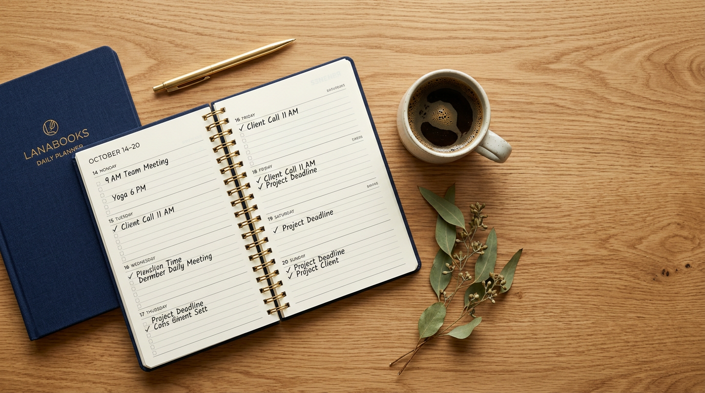 Open Accounting 24/7 Inc daily planner on a wood desk with eucalyptus and coffee