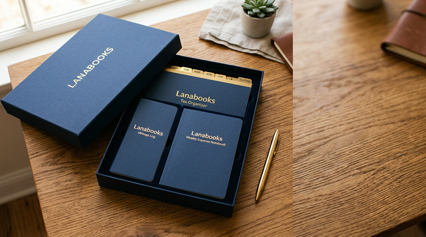 Open Accounting 24/7 Inc gift box showing tax organizer, mileage log, and expense notebook